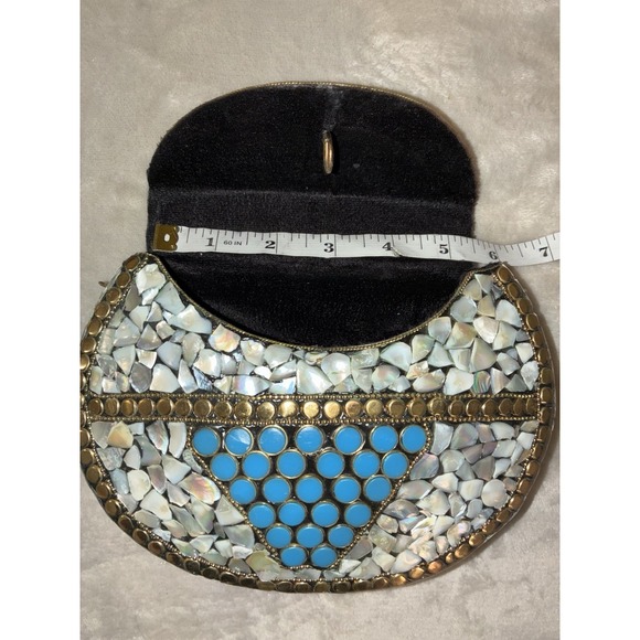 Ramla Porte-Moi Clutch Moroccan Mosaic Pearl/Turquoise Gold‎ Handmade NEW